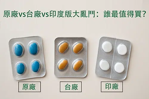 原廠 vs 台廠 vs 印度版藥品比較|威而鋼、犀利士、必利勁哪種最划算? 原廠、台廠與印度版威而鋼、犀利士、必利勁藥錠包裝比較,呈現不同顏色與劑型的膠囊與錠劑。